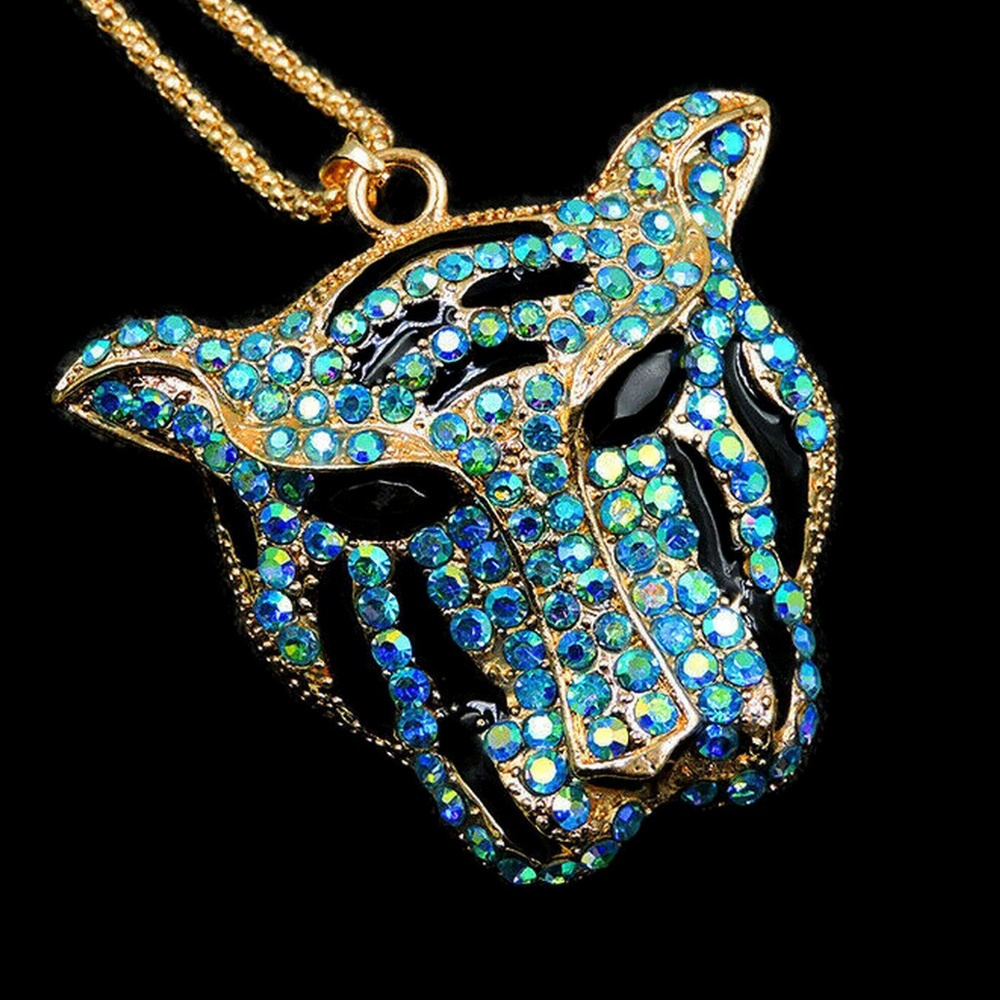 Blue AB Rhinestone Leopard Head Pendant NWT